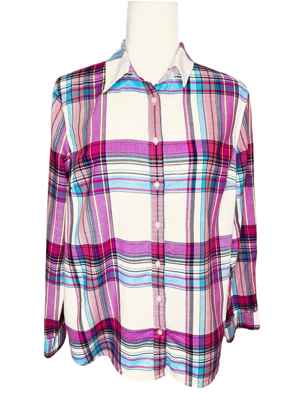 Talbots Pink Multi Plaid Cotton Button Front Front Roll Tab Sleeve Blouse Medium
